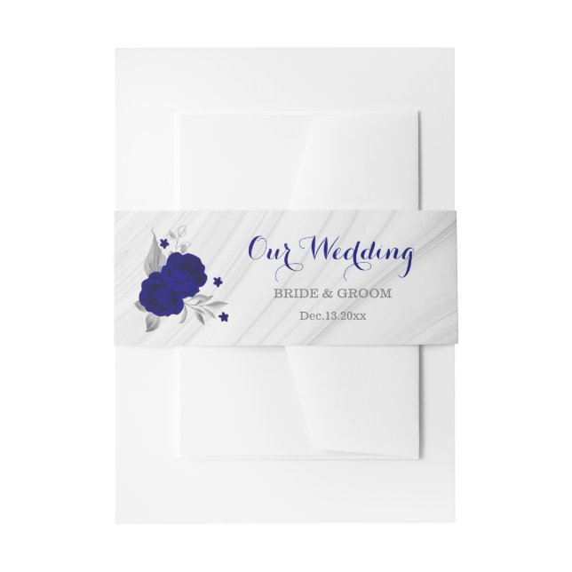 Cintas Para Invitaciones boda de mármol floral de plata azul real (Anverso Ejemplo)