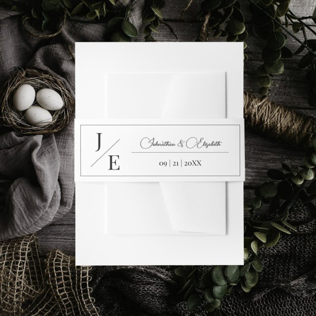 Cintas Para Invitaciones Boda de monograma minimalista | Blanca (Minimalist Monogram Wedding Invitation Belly Band | White)