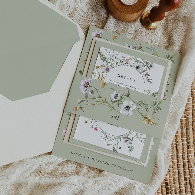 Cintas Para Invitaciones Boda de Monograma Verde suave para flores silvestr (A pretty, wildflower-filled light green belly band)