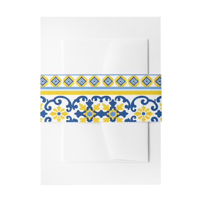 Cintas Para Invitaciones Boda de mosaico mediterráneo amarillo azul capri l (Anverso Ejemplo)