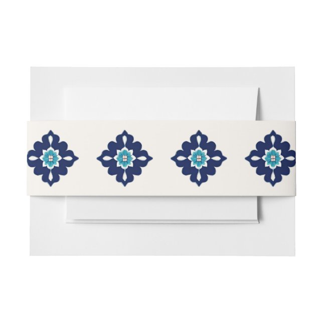 Cintas Para Invitaciones Boda de mosaico mediterráneo azul personalizado (Anverso Ejemplo)