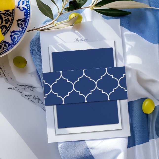 Cintas Para Invitaciones Boda de mosaico mediterráneo azul y blanco (Blue & White Mediterranean Tile Wedding Invitation Belly Band)