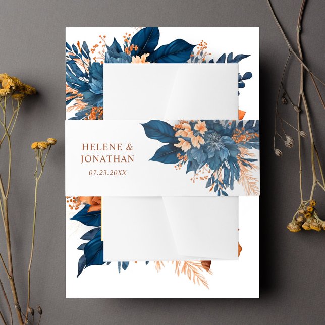 Cintas Para Invitaciones Boda de óxido índigo de moda (Chic Indigo Rust Wedding Invitation Belly Band)