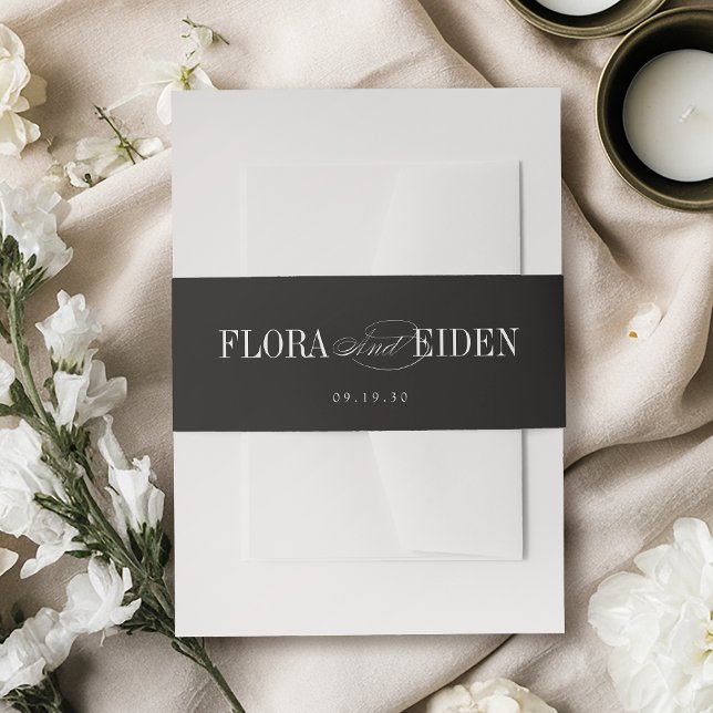 Cintas Para Invitaciones Boda de tipografía elegante simple y atemporal en  (Black Simple Elegant Timeless Typography Wedding Invitation Belly Band)