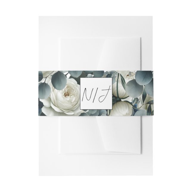 Cintas Para Invitaciones Boda de vegetación floral moderna, azul oscuro y b (Anverso Ejemplo)