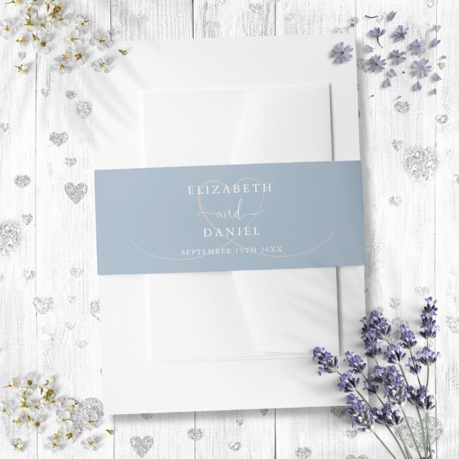 Cintas Para Invitaciones Boda elegante corazón azul polvoriento (Dusty Blue Elegant Heart Wedding Invitation Belly Band)