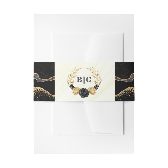 Cintas Para Invitaciones boda elegante de oro y flores negras (Anverso Ejemplo)
