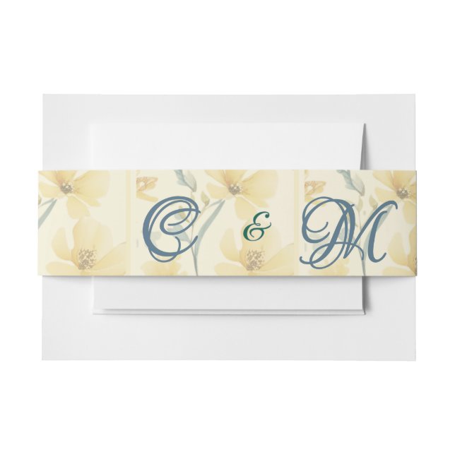 Cintas Para Invitaciones Boda floral azul amarillo blanda amarillo de mante (Anverso Ejemplo)