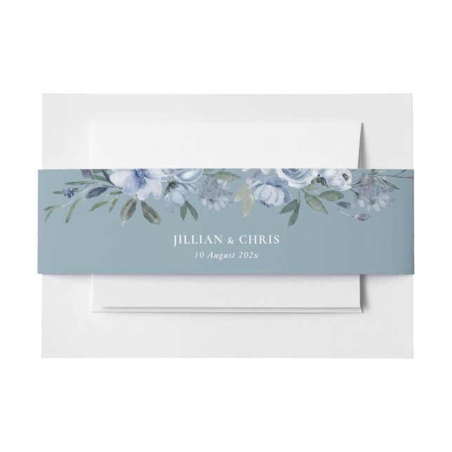 Cintas Para Invitaciones boda floral azul boho polvoriento (Anverso Ejemplo)