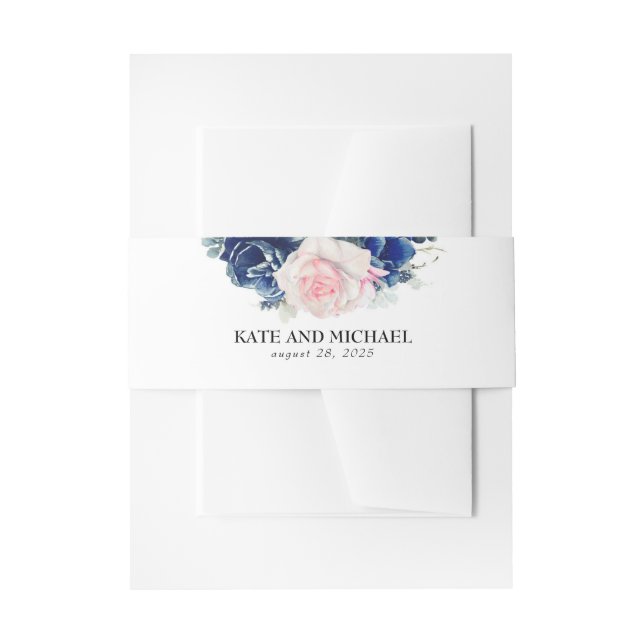 Cintas Para Invitaciones Boda Floral Azul Rosa Y Naval (Anverso Ejemplo)