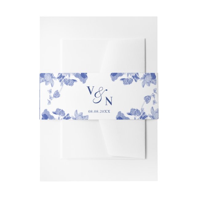 Cintas Para Invitaciones Boda floral azul y blanco monograma clásico (Anverso Ejemplo)