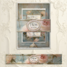 Cintas Para Invitaciones Boda floral azul y rosa clásico de oro francés