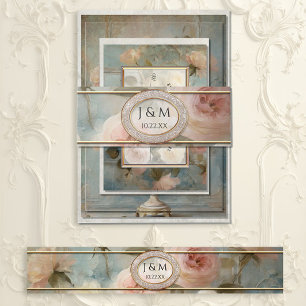 Cintas Para Invitaciones Boda floral azul y rosa clásico de oro francés