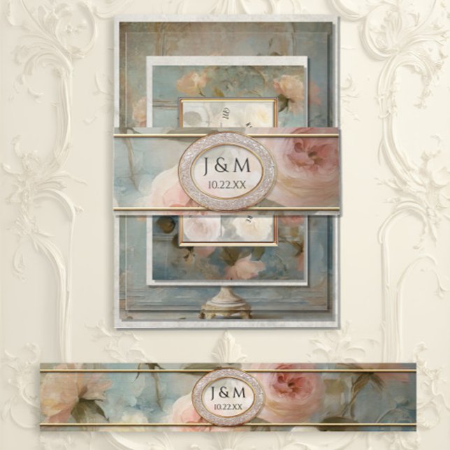 Cintas Para Invitaciones Boda floral azul y rosa clásico de oro francés (Subido por el creador)