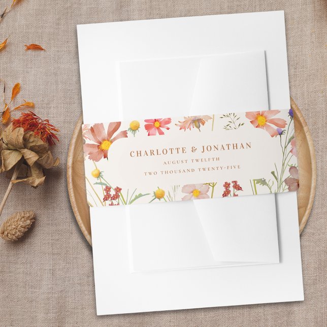 Cintas Para Invitaciones Boda floral boho acuarela (Boho rustic floral fall custom Wedding belly bands watercolor wildflowers elegant modern)