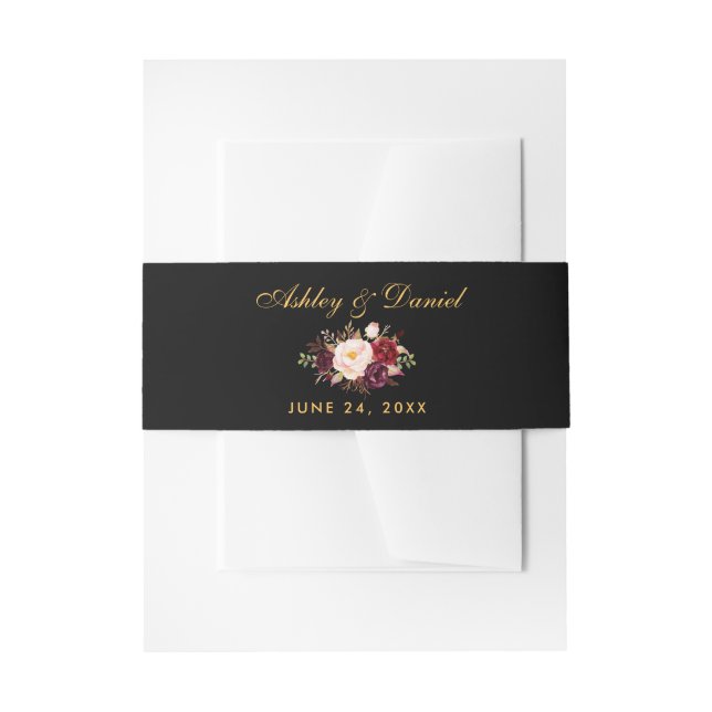 Cintas Para Invitaciones Boda Floral Burgundy Black Gold (Anverso Ejemplo)
