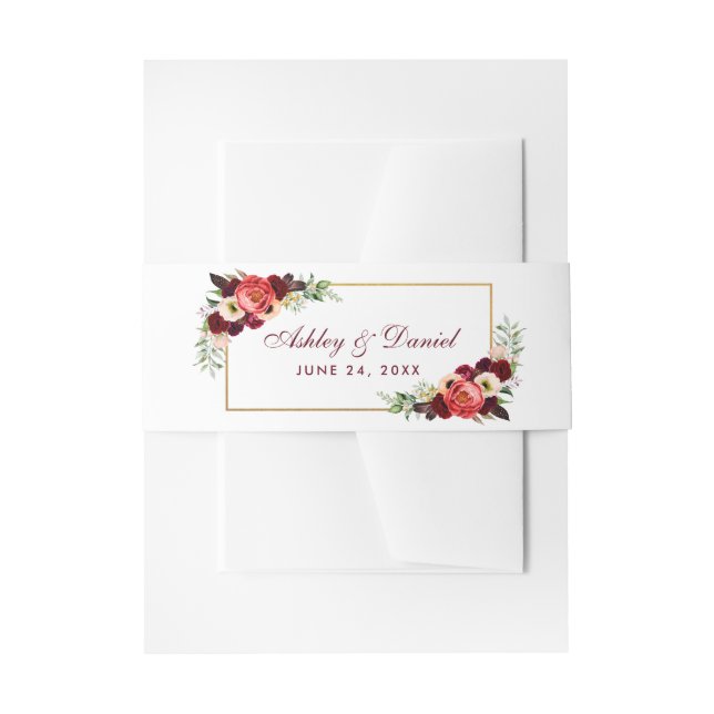 Cintas Para Invitaciones Boda Floral Burgundy Gold Boho (Anverso Ejemplo)