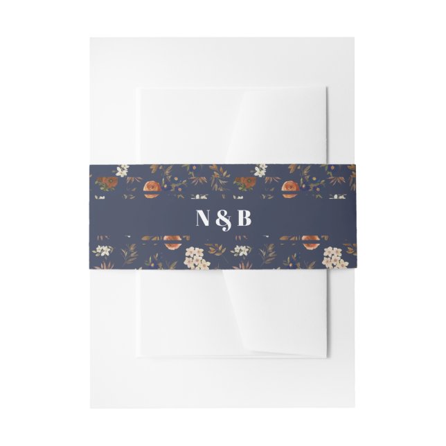 Cintas Para Invitaciones Boda floral de óxido azul monograma (Anverso Ejemplo)