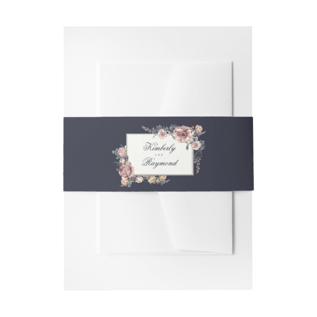 Cintas Para Invitaciones Boda floral de Rubor azul marino y malva (Anverso Ejemplo)