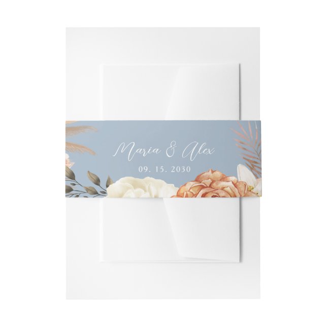 Cintas Para Invitaciones Boda Floral Dusty Blue Peach (Anverso Ejemplo)