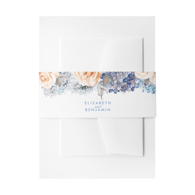 Cintas Para Invitaciones Boda Floral Elegante Azul y Peach (Anverso Ejemplo)
