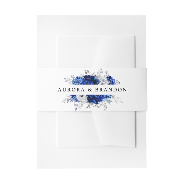 Cintas Para Invitaciones Boda floral metálico plateado azul real en (Anverso Ejemplo)
