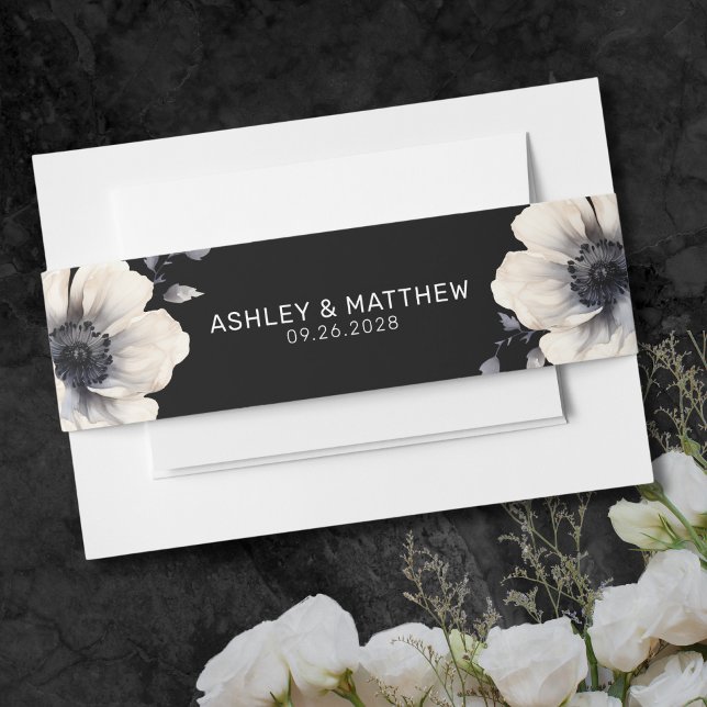 Cintas Para Invitaciones Boda floral negro elegante y sencillo (Simple Modern Elegant Black Floral Wedding Invitation Belly Band)