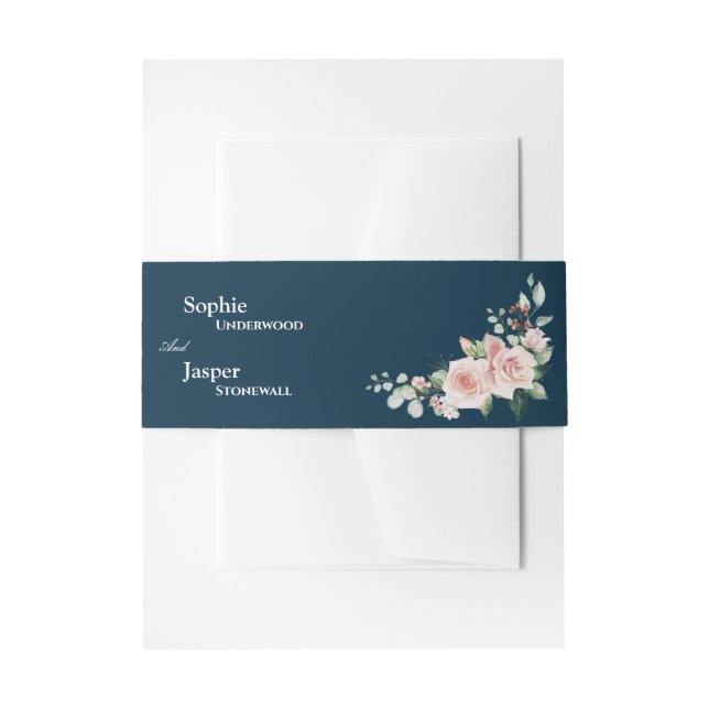 Cintas Para Invitaciones Boda floral rosa naval (Anverso Ejemplo)