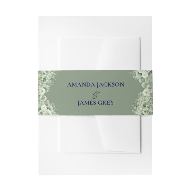 Cintas Para Invitaciones Boda Floral Verde Salvia Blanco (Anverso Ejemplo)