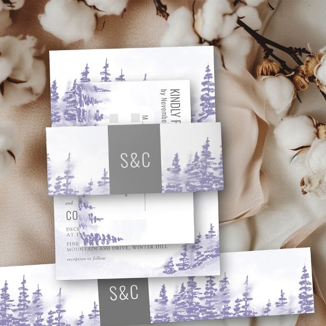 Cintas Para Invitaciones Boda Forestal de Invierno de Lavanda Monogramada (Wedding invitation belly bands from my Winter Forest Lavender Wedding Collection)