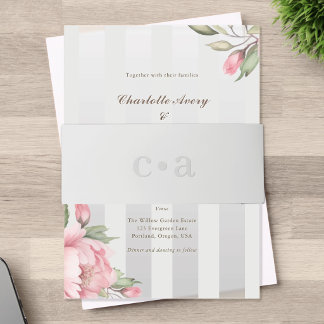 Cintas Para Invitaciones Boda Gris Monograma Peonía Rubor