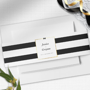 Cintas Para Invitaciones Boda Horizontal Marco Dorado Raya Blanca Negra
