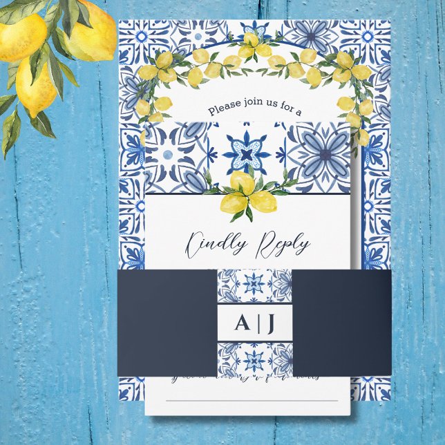 Cintas Para Invitaciones Boda italiano monograma de mosaico azul (Subido por el creador)
