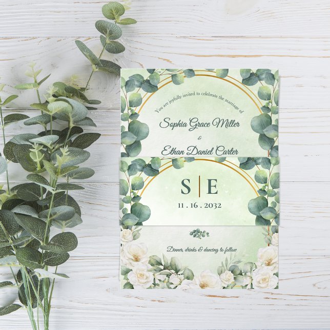 Cintas Para Invitaciones Boda Monograma Botánico de Eucalipto Verde (Greenery Eucalyptus Botanical Monogram Wedding Invitation Belly Band)