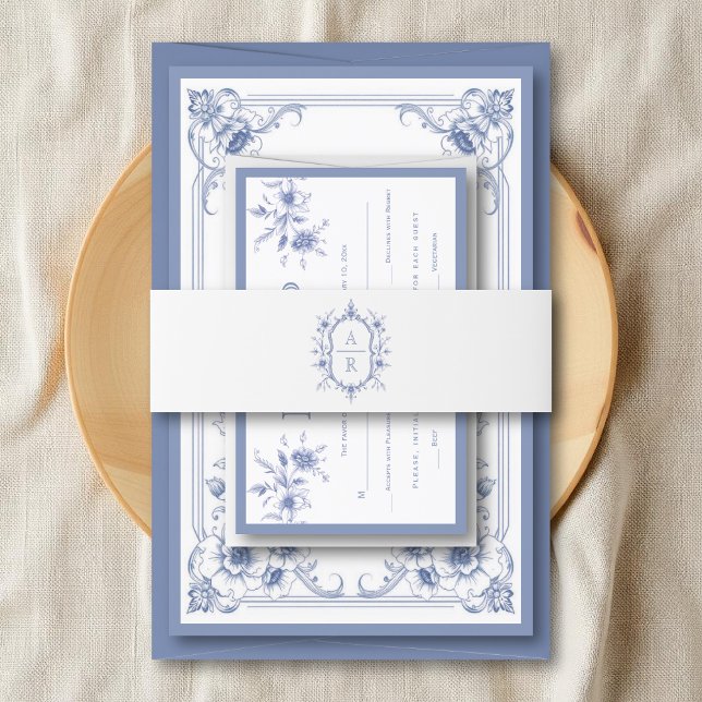 Cintas Para Invitaciones Boda monograma de escudo floral azul y elegante (Subido por el creador)
