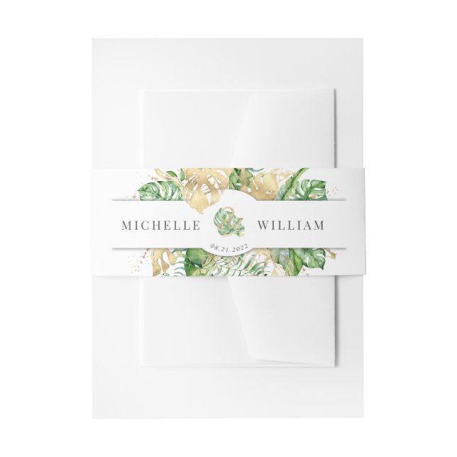 Cintas Para Invitaciones boda monograma de follaje dorado tropical (Anverso Ejemplo)