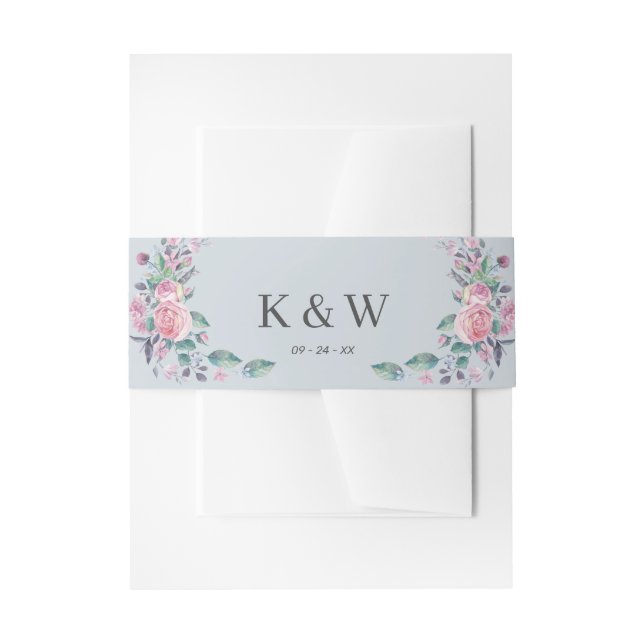 Cintas Para Invitaciones Boda Monograma Floral Azul Polvo Romántico (Anverso Ejemplo)