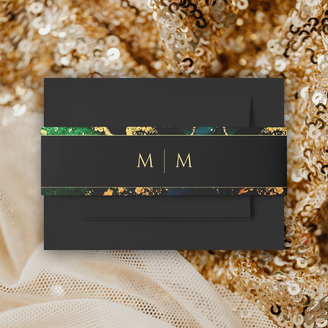Cintas Para Invitaciones Boda Monogramado Black Green Gold (Black Green Gold Monogrammed Wedding Invitation Belly Band)