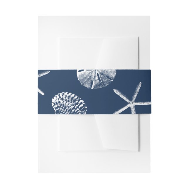 Cintas Para Invitaciones Boda Navy Blue Beach Seashells (Anverso Ejemplo)