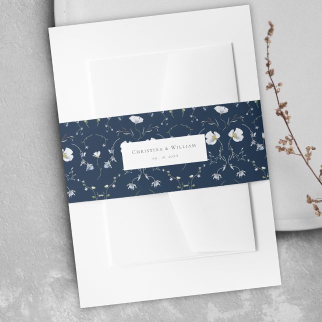 Cintas Para Invitaciones Boda Navy Blue Elegant Winter Wildflowers (Subido por el creador)