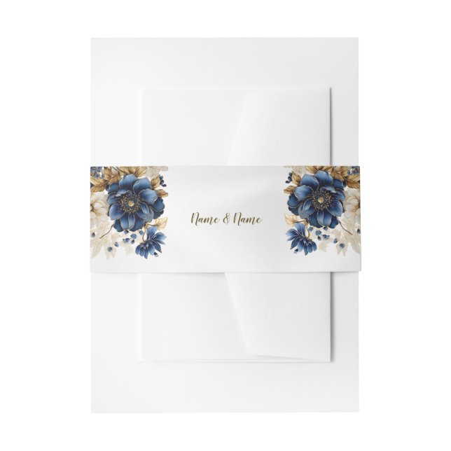Cintas Para Invitaciones Boda Navy Blue White Golden Floral Silver (Anverso Ejemplo)