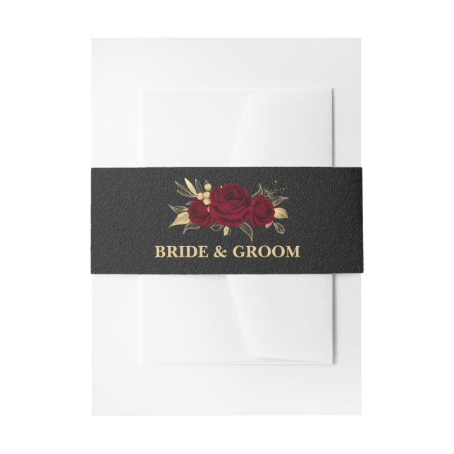 Cintas Para Invitaciones Boda negro de oro de flores burdeos elegantes (Anverso Ejemplo)