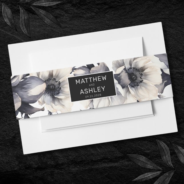 Cintas Para Invitaciones Boda negro floral elegante y moderno (Modern Elegant Floral Black White Wedding Invitation Belly Band)