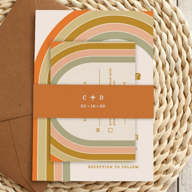 Cintas Para Invitaciones boda Retro Groovy de los años 70 (70s retro wedding belly bands)