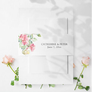 Cintas Para Invitaciones Boda Romántica con Rosas de Acuarela Rosadas/Marfi