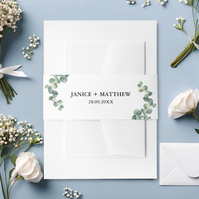 Cintas Para Invitaciones Boda Rústica Botánica con Verde de Eucalipto (Rustic eucalyptus greenery belly band adds natural charm and a personalized touch to invitations.)