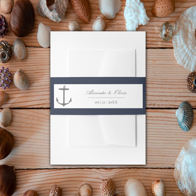Cintas Para Invitaciones Boda simple de ancla náutica | Azul Marino (Navy Simple Nautical Anchor Wedding Invitation Belly Band)