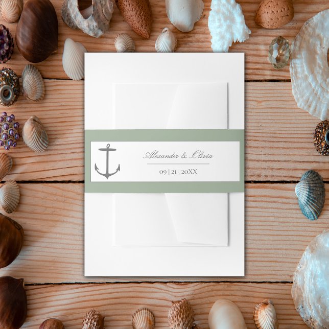 Cintas Para Invitaciones Boda simple de ancla náutica | Sage Green (Sage Green Simple Nautical Anchor Wedding Invitation Belly Band)