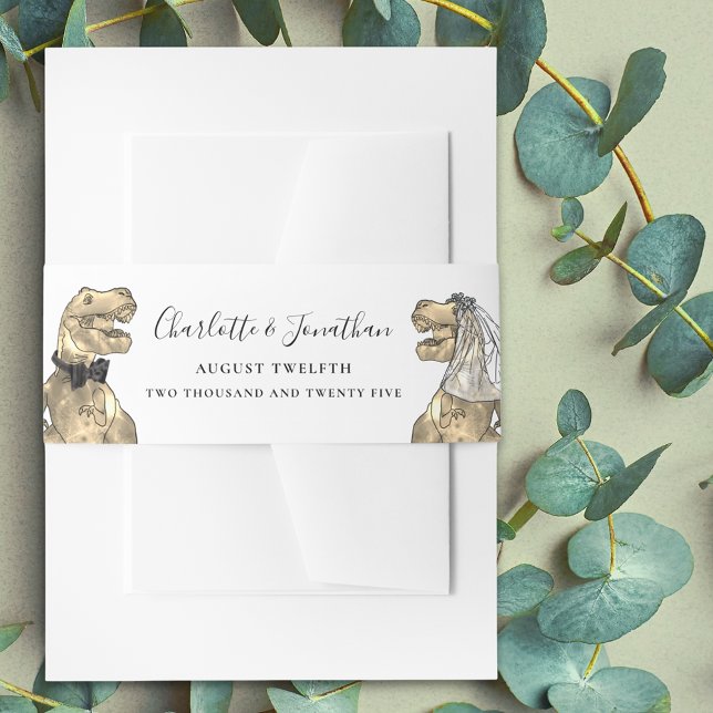 Cintas Para Invitaciones Boda Temática de Dinosaurios Personalizada (Dinosaur wedding invitation personalized belly bands Modern elegant script T-Rex dino bride & groom)