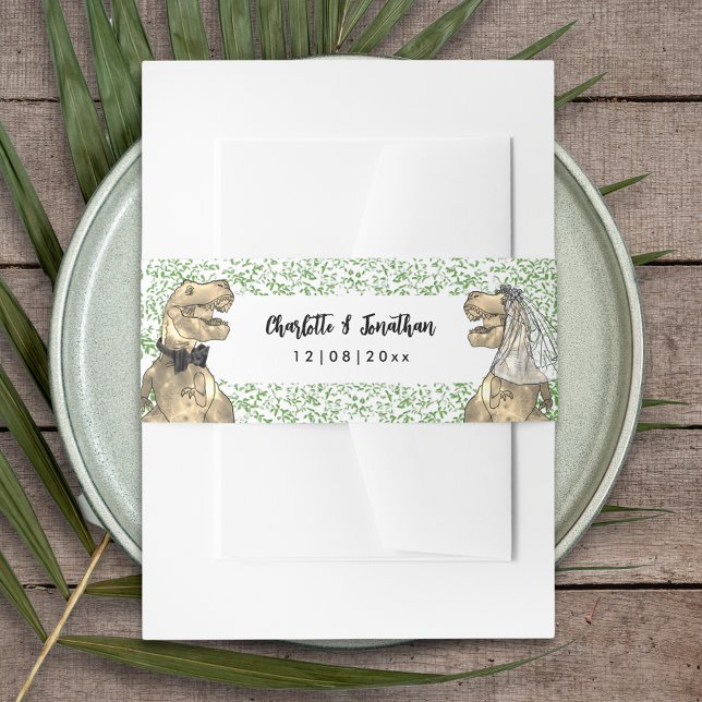 Cintas Para Invitaciones Boda Temática de Dinosaurios Personalizada (T-Rex bride and groom dinosaur wedding custom belly bands with Jurassic jungle foliage)